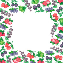 Hand drawn watercolor berries with green leaves frame border isolated on white background. Can be used for cards, label and other printed products.