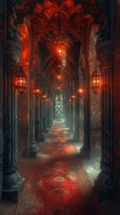 Gothic Hallway with Red Carpet and Lights Generative AI