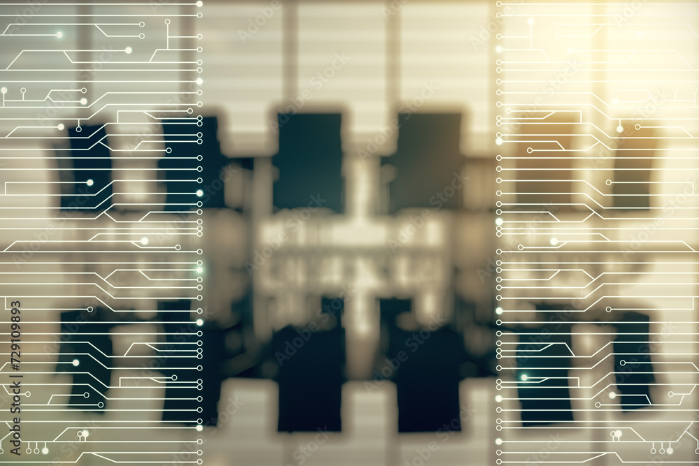 Poster abstract virtual micro circuit sketch on a modern boardroom background, future technology and ai con