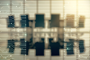 Abstract virtual micro circuit sketch on a modern boardroom background, future technology and AI concept. Double exposure