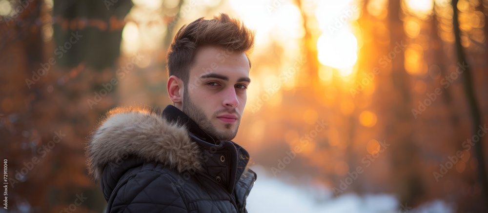 Poster Attractive young man posing in the woods during winter or autumn.