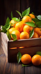 
Fresh mandarin oranges fruit or tangerines with leaves in a box on wooden background