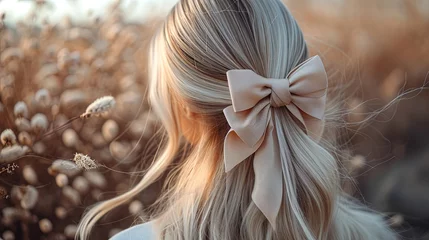 Tuinposter Woman's hairstyle adorned with bows, creating a chic and stylish look. Modern hair fashion and elegance, perfect for beauty and salon © Anna Zhuk