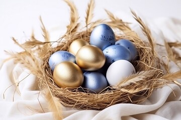 Fototapeta na wymiar The concept of Easter minimal golden eggs Stylish easter gold and blue quail eggs with dried golde