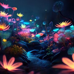 Fototapeta na wymiar A surreal garden of hope, where bioluminescent flowers bloom in an array of vibrant colors, symbolizing resilience and strength on Rare Disease Day