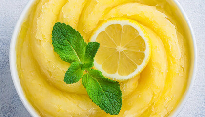 Lemon sorbet, yellow sorbet with a slice of lemon and a mint leaf