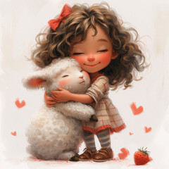 Cute girl with curly hair with a shiny bow, in a menthol T-shirt with strawberries, skirt with pockets, striped tights and shoes with clasps, hugging a big Cute Lamb