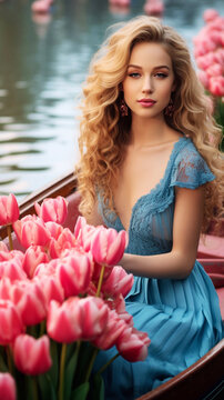 
a beautiful girl with curly long golden hair in a blue dress in a boat that is decorated all over with pink tulips