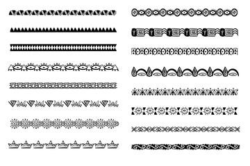 Set aztec tribal motive border in doodle hand drawn style from geometrical shapes isolated on white background. boho scandinavian srtoke, traditional native decor. - obrazy, fototapety, plakaty