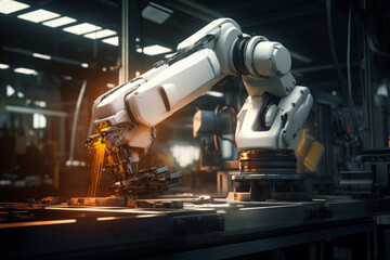 Modern factory using robotic arm works welding in the industrial mega factory, artificial intelligence and innovative technology, AI industry