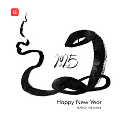 Happy Lunar New Year 2025 Year of the Snake! Chinese New Year celebration card template with ink hand drawn number and snake, Lunar calendar symbol. Chinese text means 