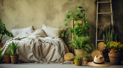 Bohemian bedroom interior design with green indoor plants and large straw hat decor