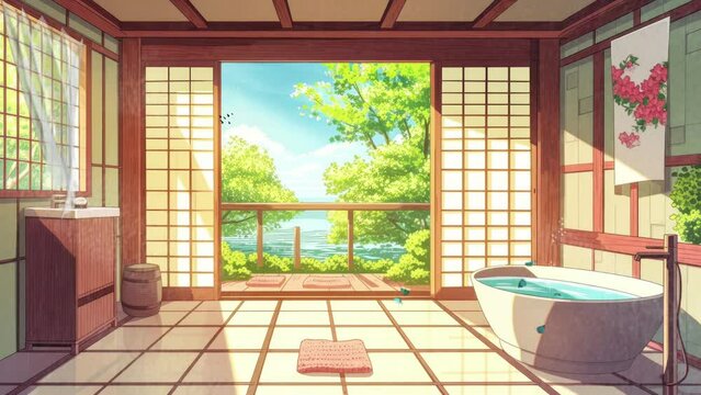 bathroom Japanese house interior in spring and mountain. Cartoon or anime watercolor digital painting illustration style. seamless looping 4k video animation background.
