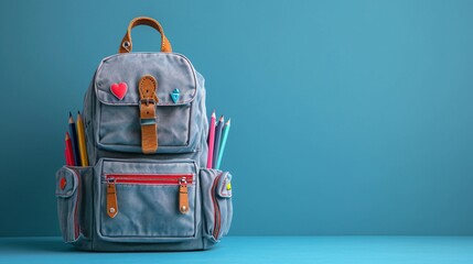 Back to School A Blue Backpack with Pencils and a Heart Generative AI