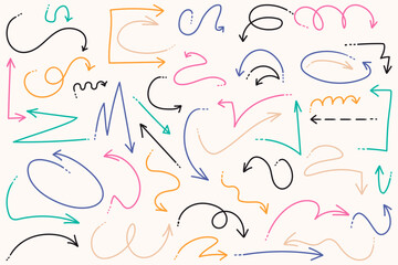 Set of hand drawn arrows with curvy lines.