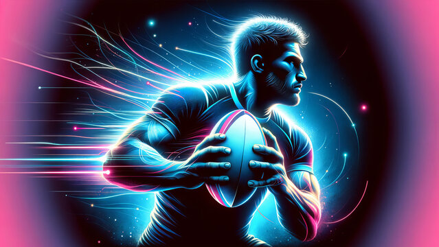 Dynamic Rugby Player Neon Glow Dark Background - Powered by Adobe