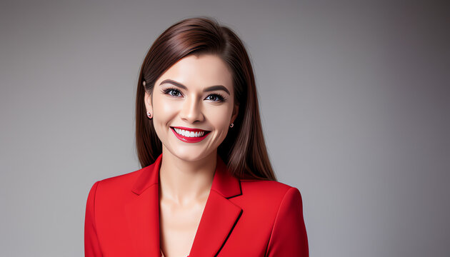 close up image of business woman wearing a red suit and smiling beautiful.