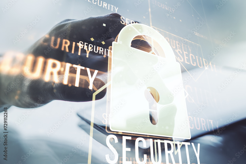 Poster creative idea concept with lock symbol and microcircuit illustration and with finger clicks on a dig