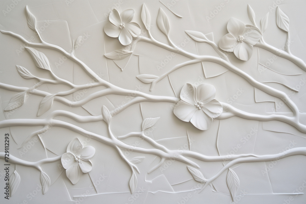 Poster white plaster wall texture with floral ornament. background image. created with generative ai techno
