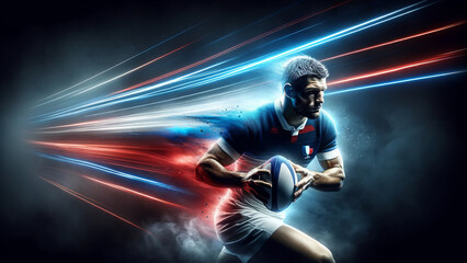 Fototapeta na wymiar Rugby Player with Neon Haze Speed Trail Action
