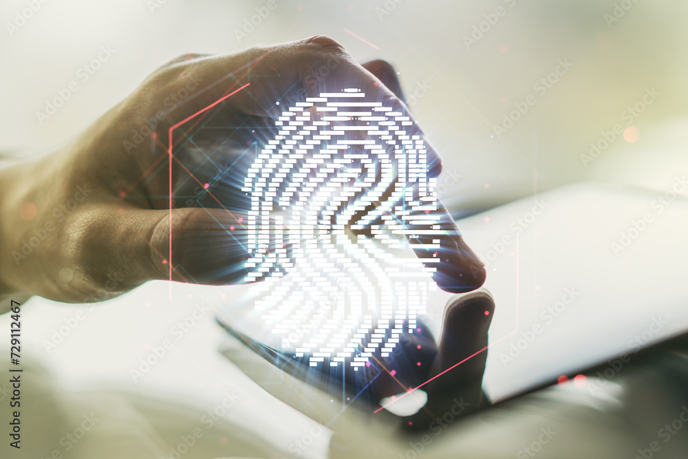 Leinwandbilder multi exposure of abstract fingerprint scan interface and hand working with a digital tablet on back