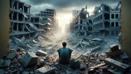 Contemplative Figure Overlooking War-Torn Cityscape