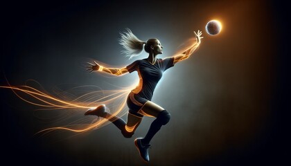 Female Handball Player Powerful Throw Orange Glow