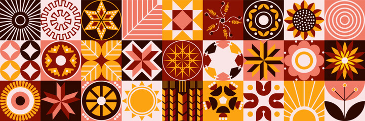 Abstract geometric background in the ancient style of Ukrainian embroidery. Scandinavian style. Magical elements of amulets and talismans. Mosaic style. Retro colors