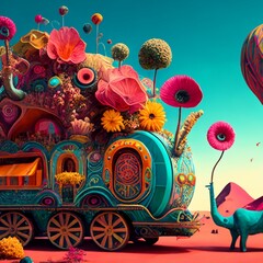 A surreal landscape where mystical playfully toss vibrant flowers, filling the air with a kaleidoscope of colors,  the spirit of Dol Yatra in a whimsical and otherworldly