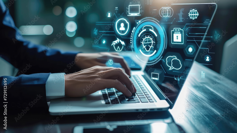 Aufkleber ai, artificial intelligence, iot internet of things concept. business man using laptop computer on i