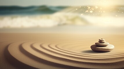 Fototapeta na wymiar Serene zen garden meditation with tranquil stone and wave on sand, banner background
