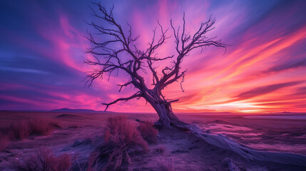 Sunset in desert with dead tree. 
