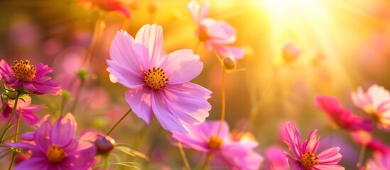 Color-filtered noon-day sunlight illuminates the stunning cosmos flowers.