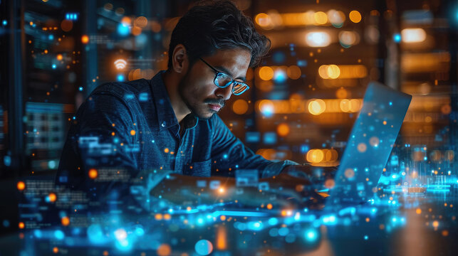 Ai, Artificial Intelligence, IoT Internet of Things concept. Business man using laptop computer on innovation technology icons on virtual screen 