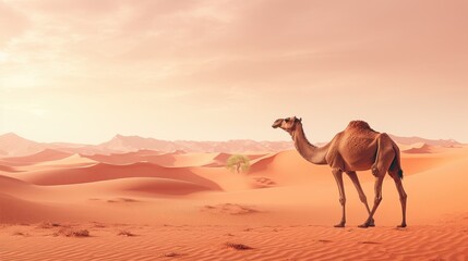 Desert Dusk Majesty: A Lone Camel's Silhouette Against a Fiery Sky - Generative AI