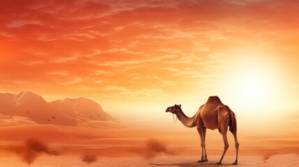Desert Dusk Majesty: A Lone Camel's Silhouette Against a Fiery Sky - Generative AI