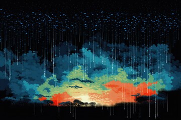 Pixelated Precipitation: Abstract Rainfall and Moody Cloudscape - Generative AI
