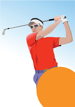 Golf club background with golfer man image. Vector 3d hand drawn illustration
