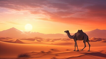 Desert Wanderer: A Lone Camel's Silhouette in the Majestic Dunes at Sunset - Generative AI
