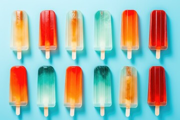 Summer Spectrum: Colorful Array of Popsicles on a Turquoise Backdrop - Generative AI
