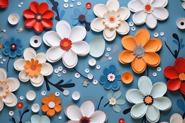 Crafted Blooms: A Vibrant Array of Handmade Paper Flowers on Blue - Generative AI