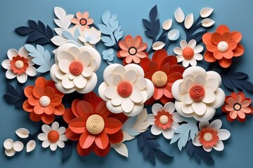 Crafted Blooms: A Vibrant Array of Handmade Paper Flowers on Blue - Generative AI