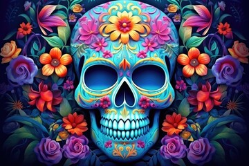 Floral Tribute: Enchanting Sugar Skull Surrounded by Vivid Blooms - Generative AI
