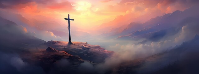 Divine Resplendence: Majestic Cross Amidst Heavenly Clouds on the Mount - Generative AI