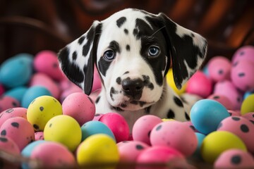 Spotted Pup's Easter Delight: A Dalmatian Amongst Colorful Eggs - Generative AI