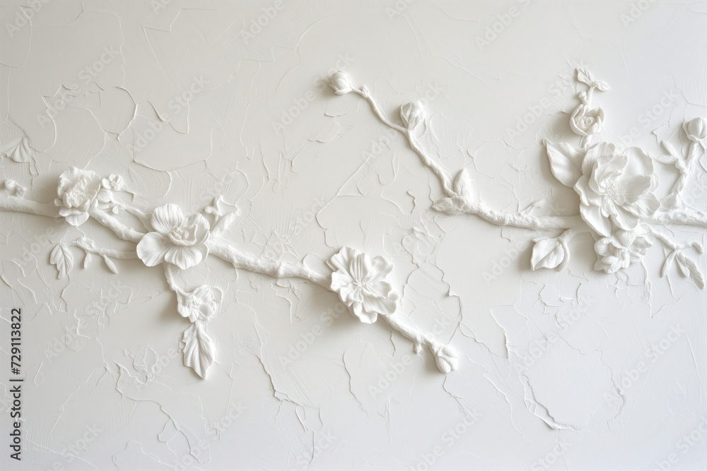 Poster white plaster wall texture with floral ornament. background image. created with generative ai techno