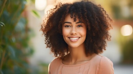Smiling student by the college, exuding joy in a sunny pose.
