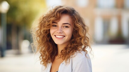 Obraz premium Joyful student outside college, grinning and posing for a photo.