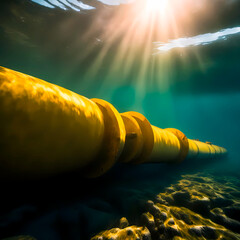 underwater gas pipeline, the yellow pipe runs along the seabed, the cost of gas in Europe, sanctions - obrazy, fototapety, plakaty