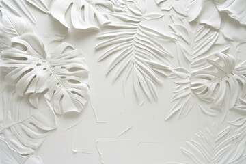 White plaster wall texture with floral ornament. Background image. Created with Generative AI technology